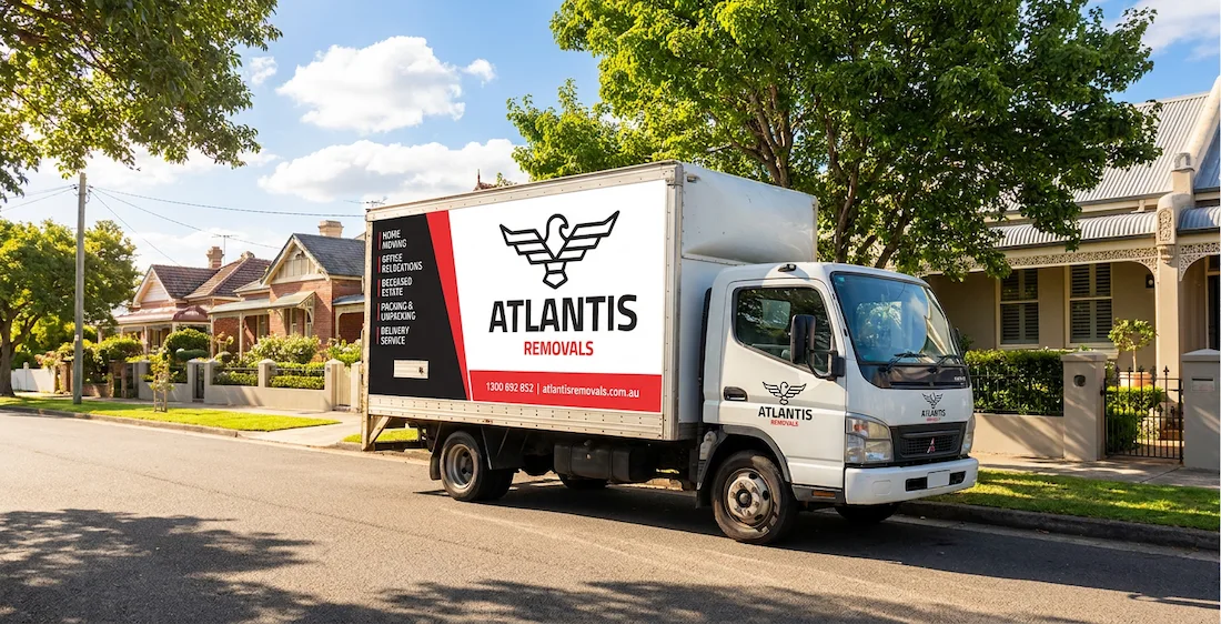 Branded Atlantis Removals truck parked on a residential Newcastle street, providing flexible taxi truck and delivery services for small moves.